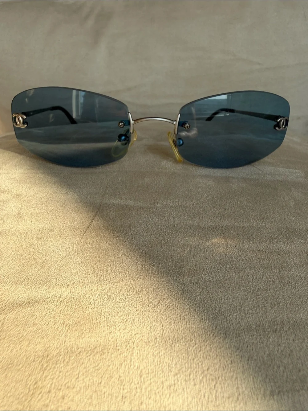 Chanel Silver Rim Grey Lens Logo Sunglasses